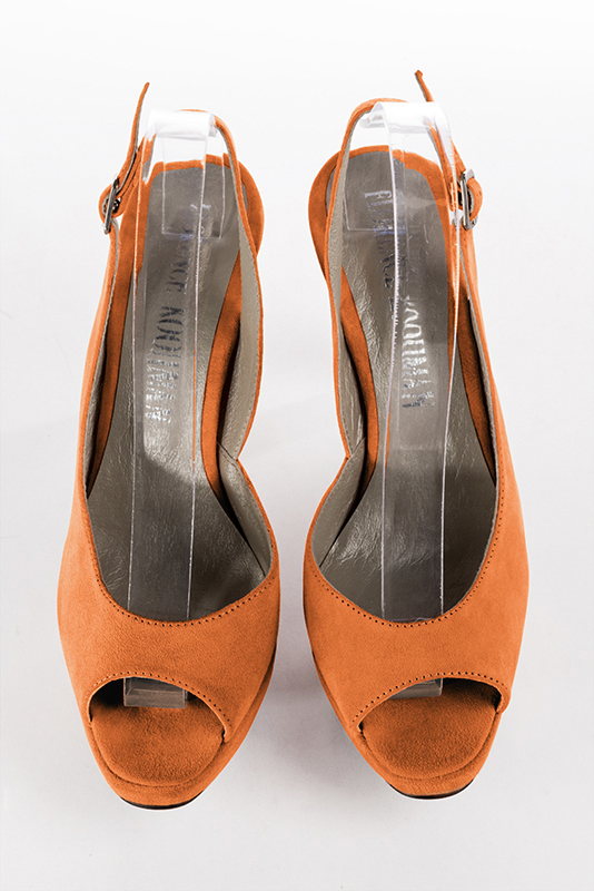Apricot orange women's slingback sandals. Round toe. Very high slim heel with a platform at the front. Top view - Florence KOOIJMAN